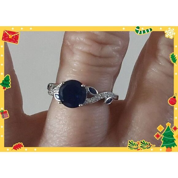 Stunning 2.4 Ct. Lab Created Blue & White Sapphire Gem Floral Accent Ring Sz 8 - Picture 3 of 4